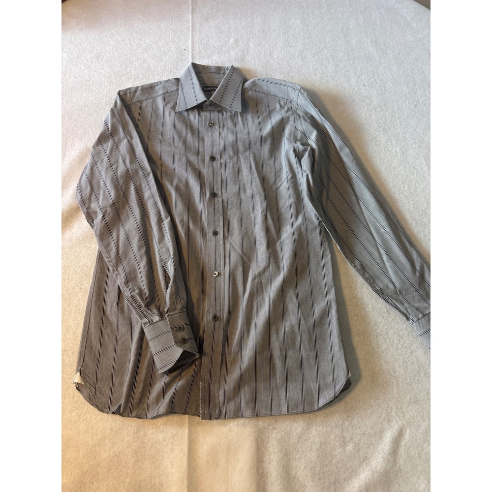 Tom Ford‎ Dress Shirt Mens 15.5 Black White Striped Micro Check Cotton Excellent